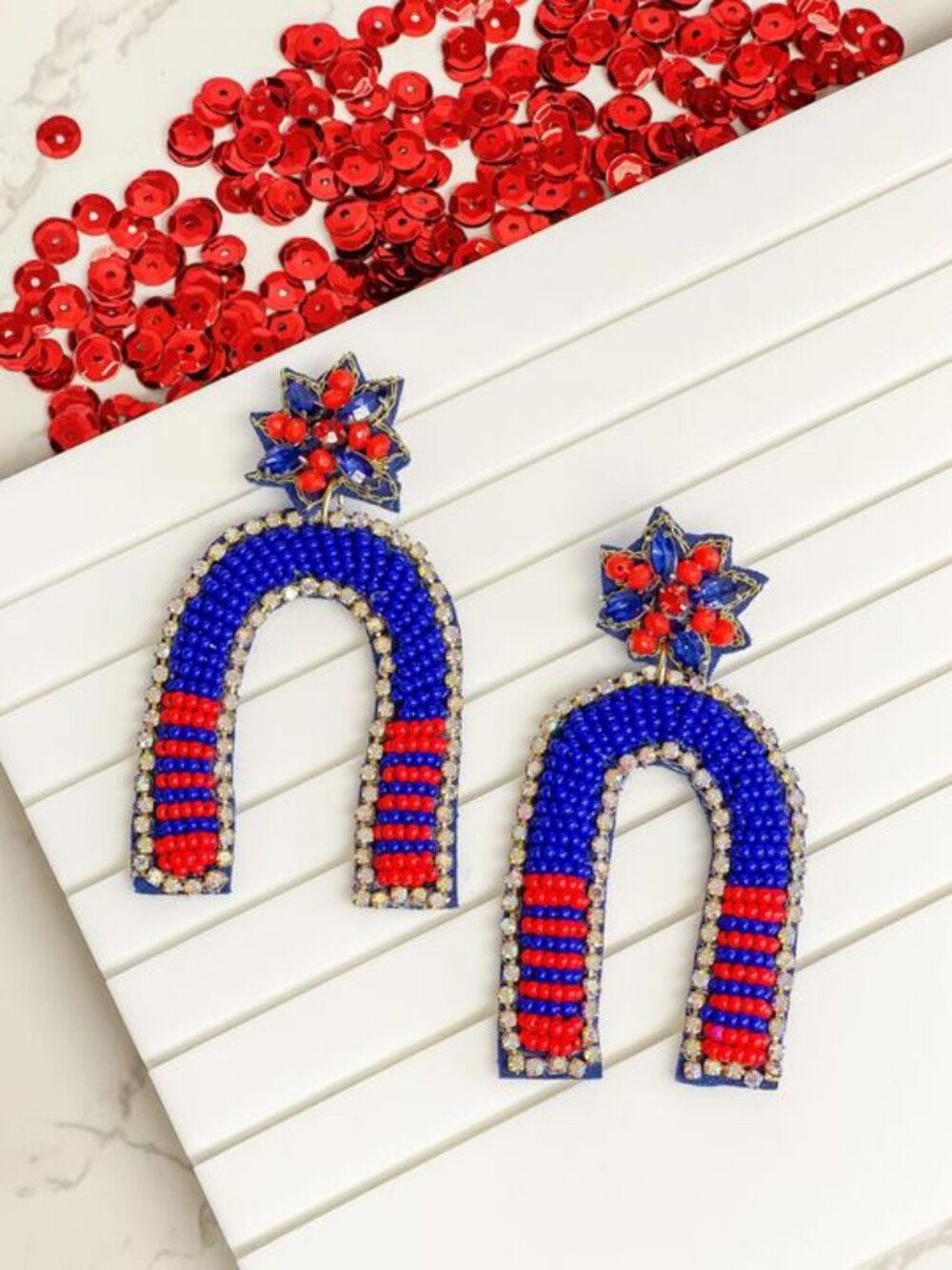 Football Red Blue Goalpost Beaded NFL College Ole Miss Gameday Earrings